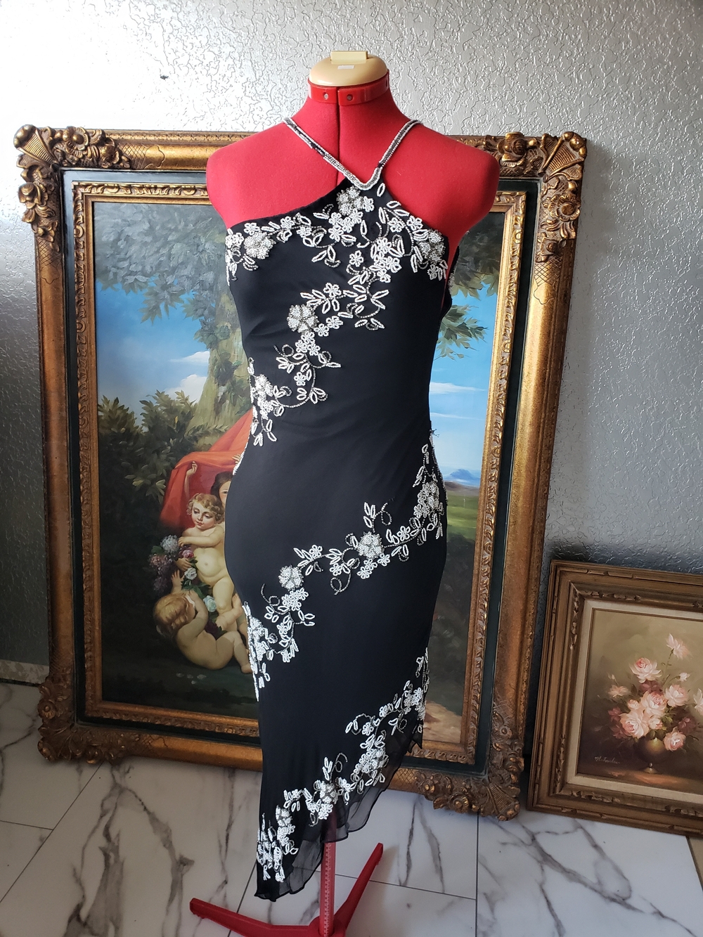 Cache Black Halter-Asymmetrical Dress with White Floral Appliqué